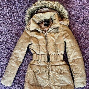 Guess Tawny Detachable Fur-Lined Hood Puffer Coat With Stretch Belt Size Small